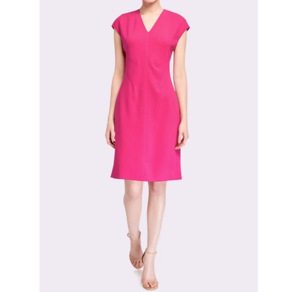 Elie Tahari Fuchsia Pink Crepe V-Neck Sheath Dress Cap Sleeve Size 14 - Picture 2 of 13
